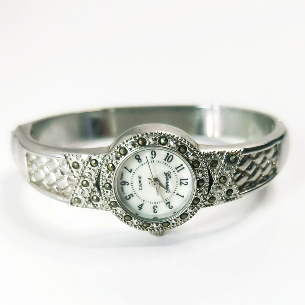 Geneva Quartz Silver Tone Marcasite Cuff Womens Watch - Picture 2 of 5